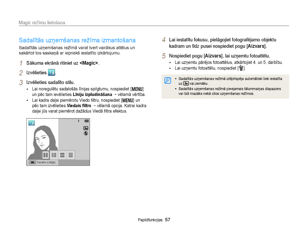 Samsung EC-DV300FBPUE2, EC-DV300FBPBE2 manual Sadalītās uzņemšanas režīma izmantošana, Sākuma ekrānā ritiniet uz Magic 