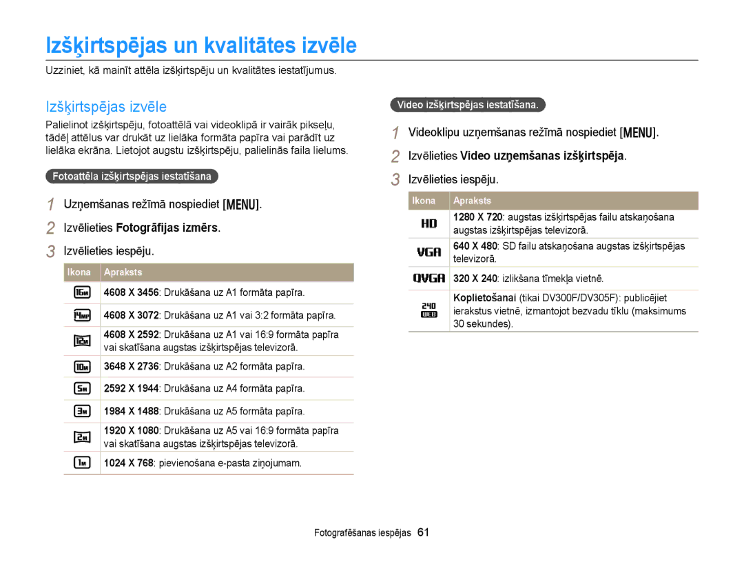 Samsung EC-DV300FBPUE2 Izšķirtspējas un kvalitātes izvēle, Izšķirtspējas izvēle, Fotoattēla izšķirtspējas iestatīšana 