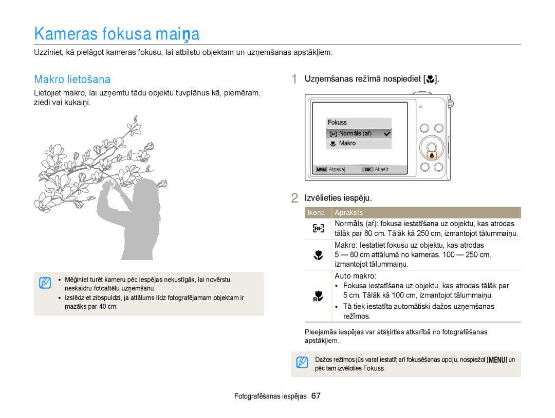 Samsung EC-DV300FBPUE2, EC-DV300FBPBE2 Kameras fokusa maiņa, Makro lietošana, Uzņemšanas režīmā nospiediet c, Auto makro 