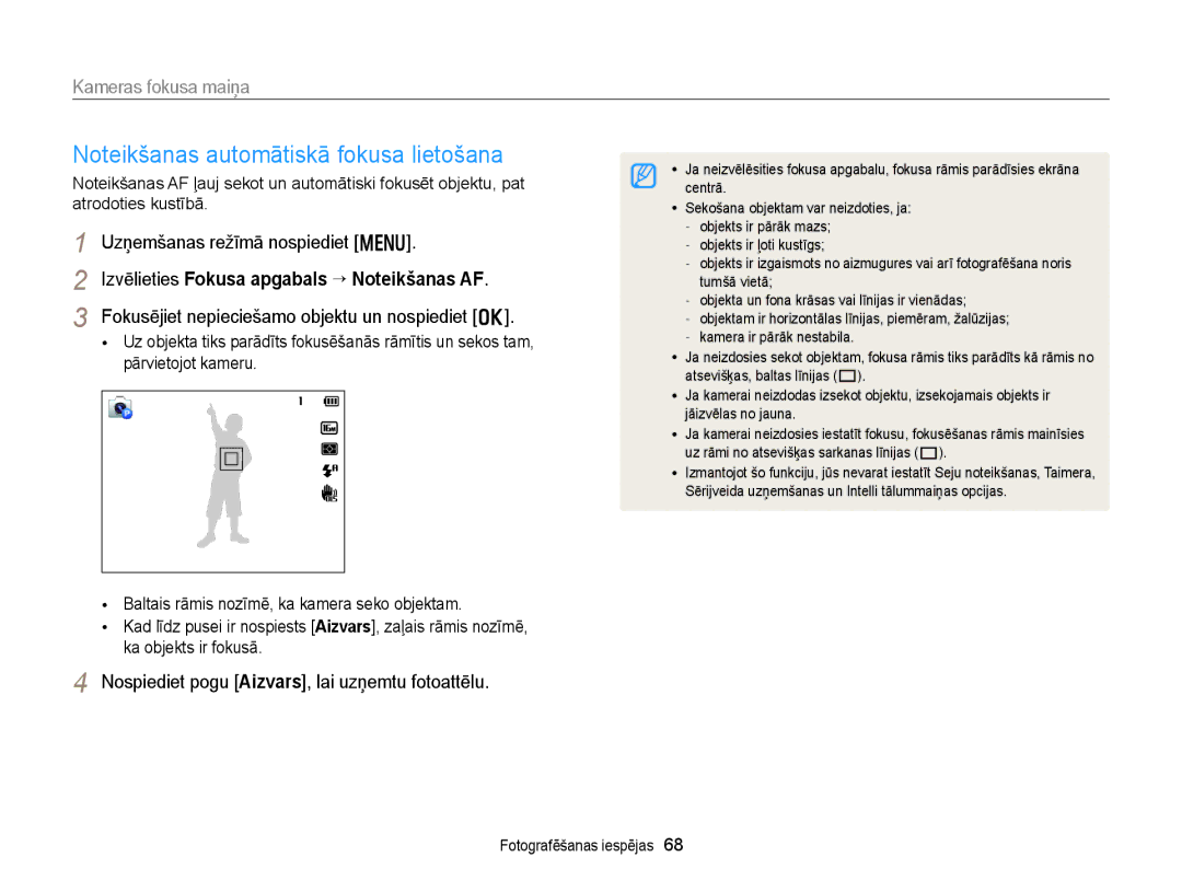 Samsung EC-DV300FBPBE2 manual Kameras fokusa maiņa, Izvēlieties Fokusa apgabals “ Noteikšanas AF, Pārvietojot kameru 