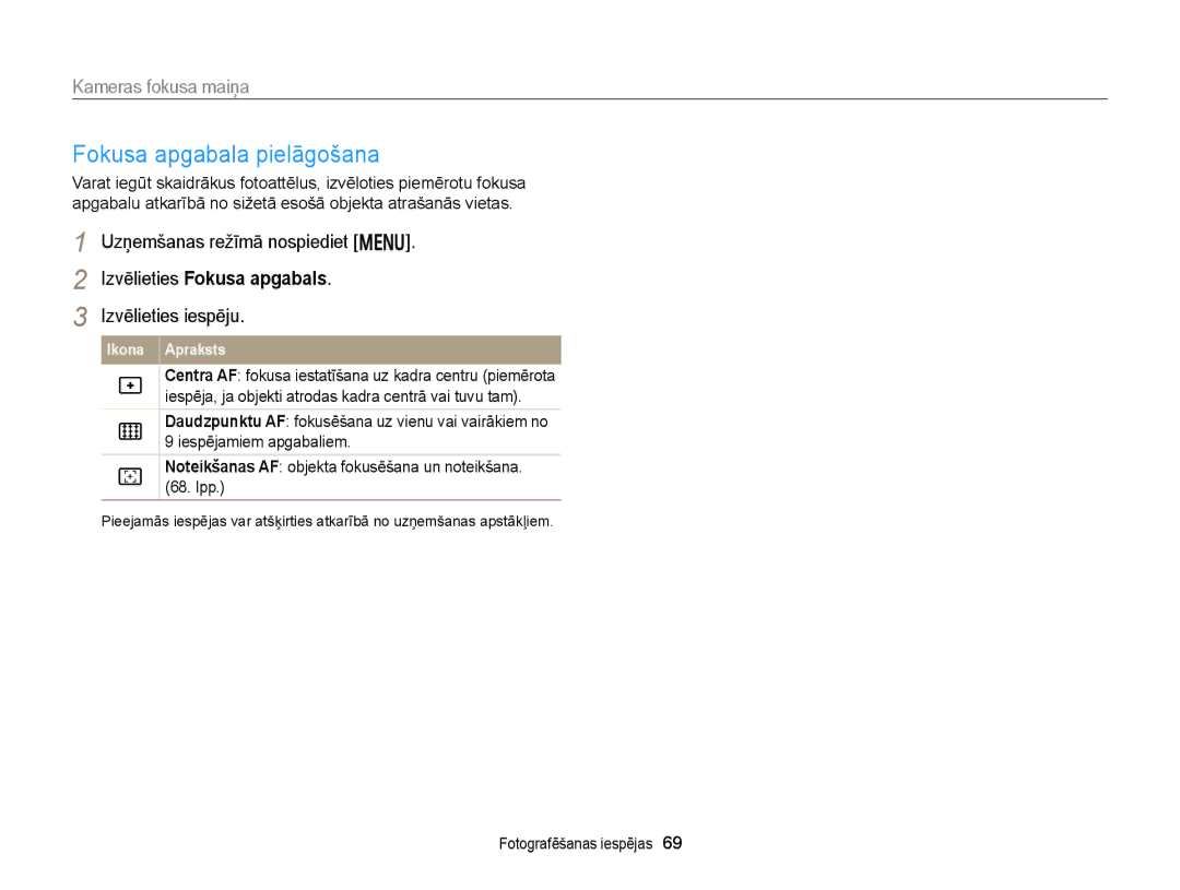 Samsung EC-DV300FBPUE2, EC-DV300FBPBE2 manual Fokusa apgabala pielāgošana 