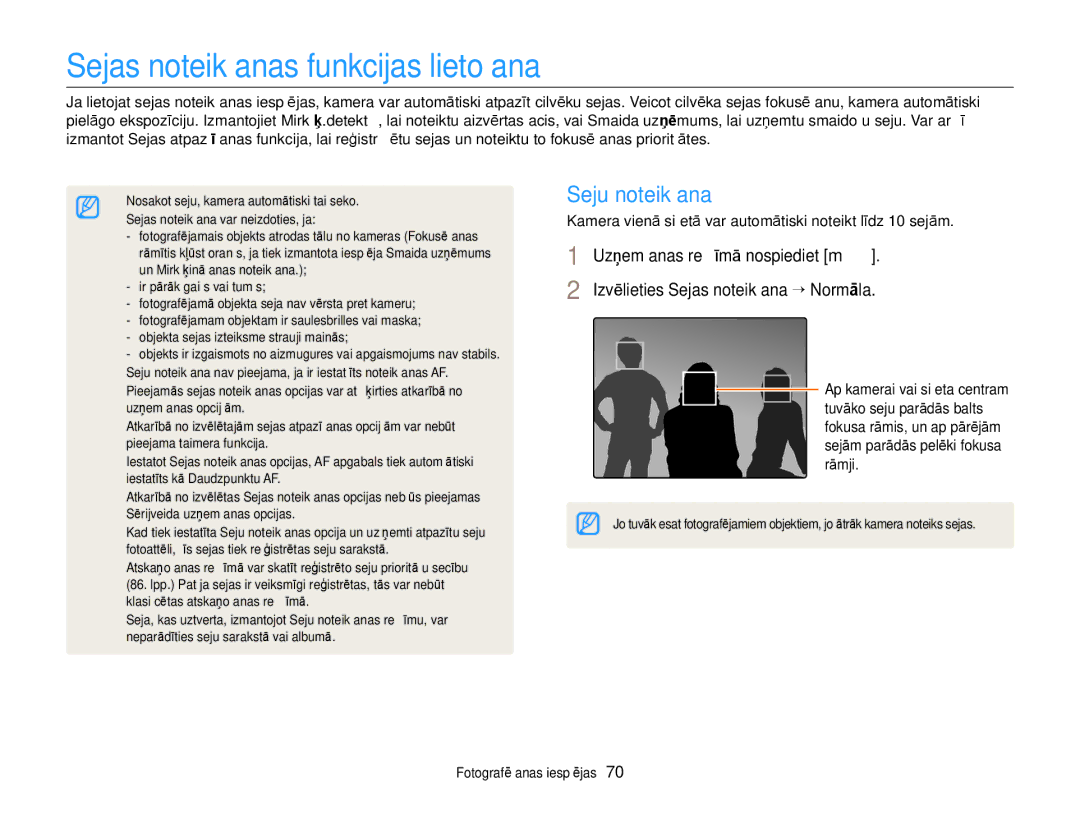 Samsung EC-DV300FBPBE2, EC-DV300FBPUE2 manual Sejas noteikšanas funkcijas lietošana, Seju noteikšana 