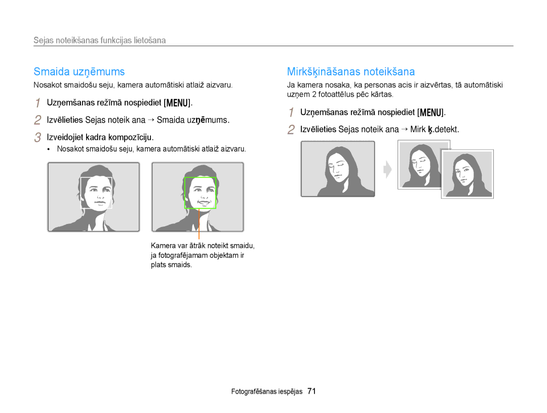 Samsung EC-DV300FBPUE2, EC-DV300FBPBE2 Smaida uzņēmums, Mirkšķināšanas noteikšana, Sejas noteikšanas funkcijas lietošana 