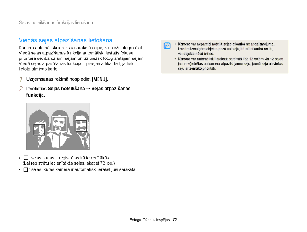 Samsung EC-DV300FBPBE2 manual Viedās sejas atpazīšanas lietošana, Izvēlieties Sejas noteikšana “ Sejas atpazīšanas funkcija 