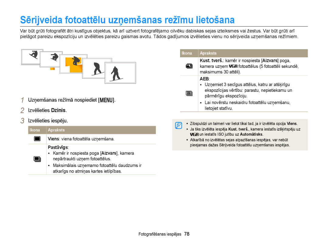 Samsung EC-DV300FBPBE2, EC-DV300FBPUE2 manual Sērijveida fotoattēlu uzņemšanas režīmu lietošana, Pastāvīgs 