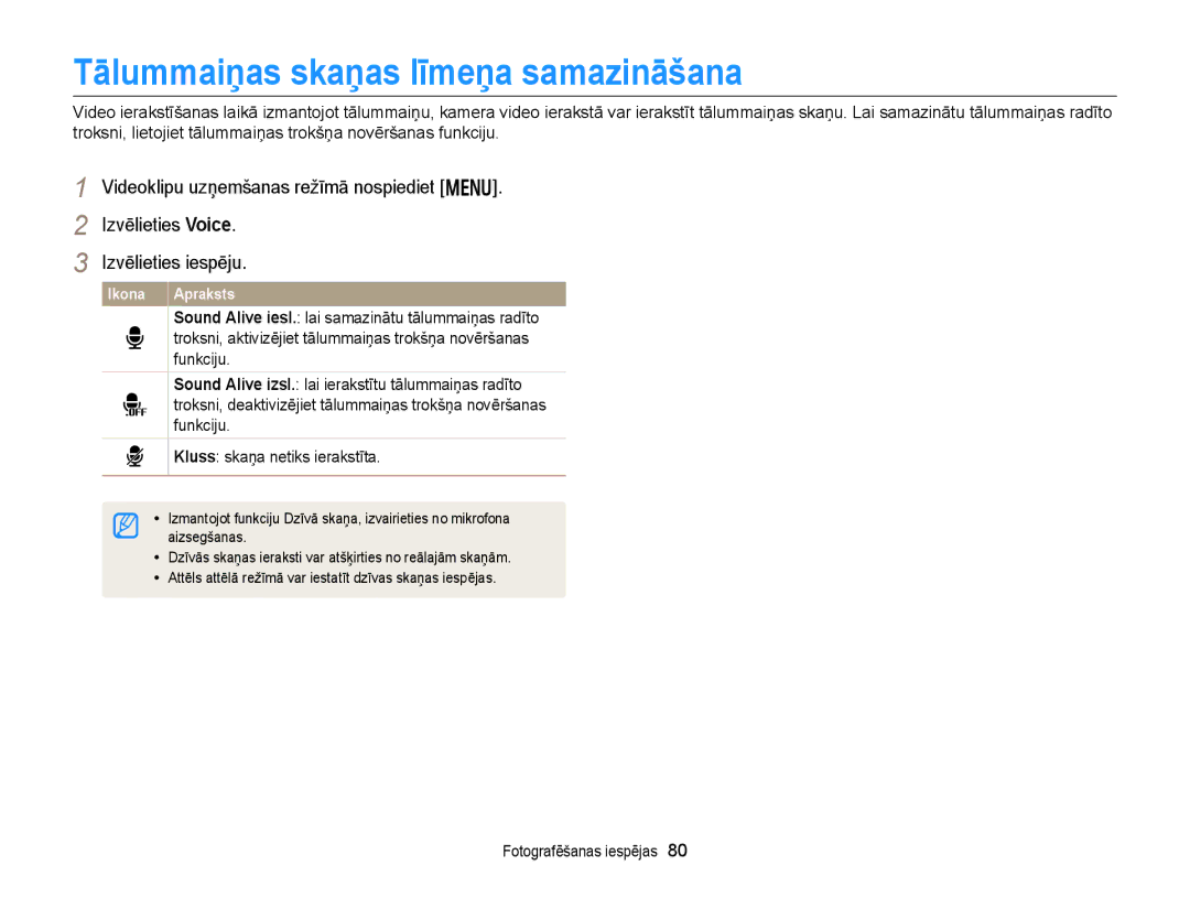 Samsung EC-DV300FBPBE2, EC-DV300FBPUE2 manual Tālummaiņas skaņas līmeņa samazināšana, Aizsegšanas 