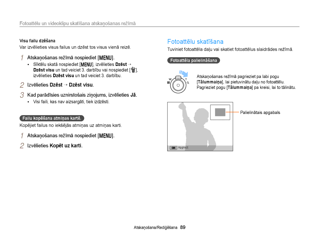 Samsung EC-DV300FBPUE2 manual Fotoattēlu skatīšana, Atskaņošanas režīmā nospiediet m, Izvēlieties Dzēst “ Dzēst visu 