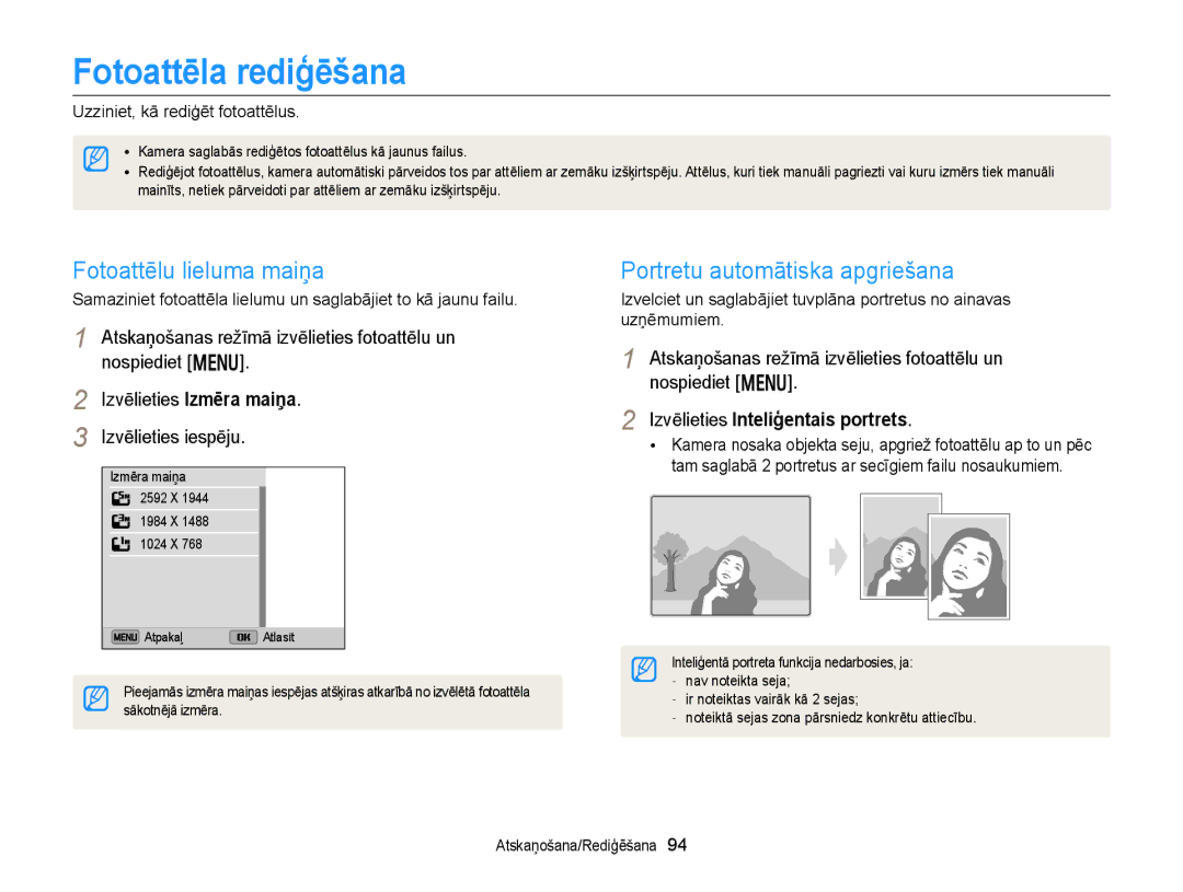 Samsung EC-DV300FBPBE2, EC-DV300FBPUE2 Fotoattēla rediģēšana, Fotoattēlu lieluma maiņa, Portretu automātiska apgriešana 