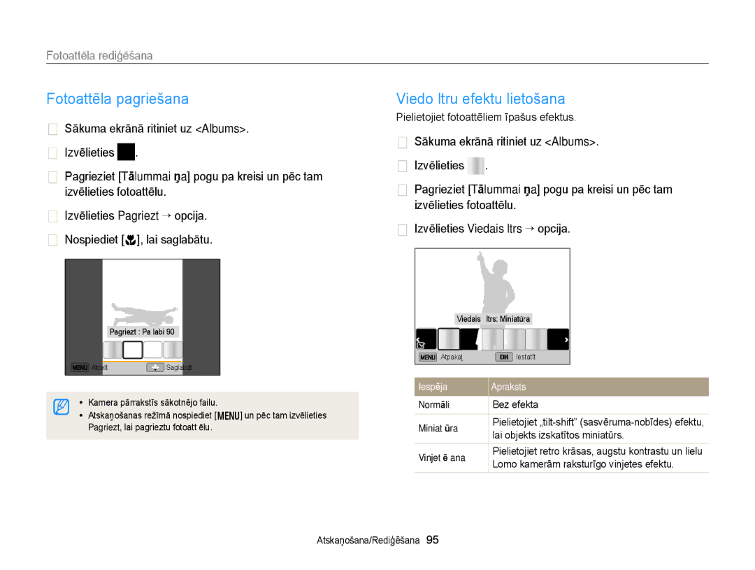 Samsung EC-DV300FBPUE2, EC-DV300FBPBE2 manual Fotoattēla pagriešana, Viedo ﬁltru efektu lietošana, Fotoattēla rediģēšana 