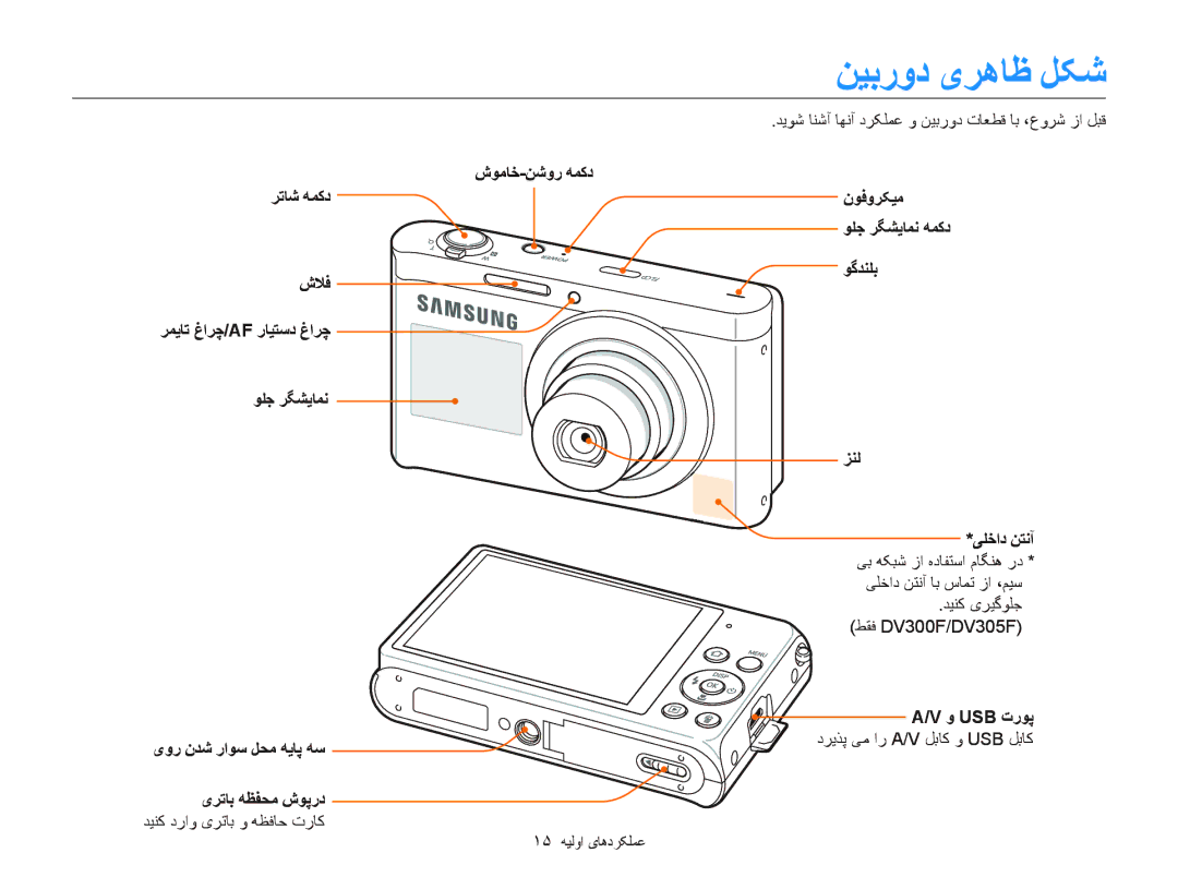 Samsung EC-DV300FBDRAE ﺪﻳﻮﺷ ﺎﻨﺷﺁ ﺎﻬﻧﺁ ﺩﺮﮑﻠﻤﻋ ﻭ ﻦﻴﺑﺭﻭﺩ ﺕﺎﻌﻄﻗ ﺎﺑ ،ﻉﻭﺮﺷ ﺯﺍ ﻞﺒﻗ, ﺪﻴﻨﮐ یﺮﻴﮔﻮﻠﺟ ﻂﻘﻓ DV300F/DV305F, ﻭ Usb ﺕﺭﻮﭘ 