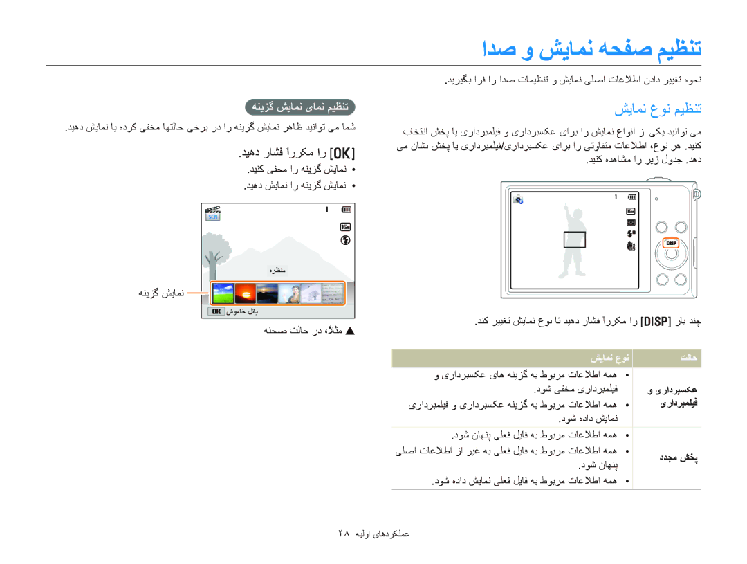 Samsung EC-DV300FDPUME, EC-DV300FDDUME manual ﺶﻳﺎﻤﻧ ﻉﻮﻧ ﻢﻴﻈﻨﺗ, ﺪﻴﻫﺩ ﺭﺎﺸﻓ ًﺍﺭﺮﮑﻣ ﺍﺭ o, ﻪﻨﻳﺰﮔ ﺶﻳﺎﻤﻧ یﺎﻤﻧ ﻢﻴﻈﻨﺗ, ﺶﻳﺎﻤﻧ ﻉﻮﻧ ﺖﻟﺎﺣ 