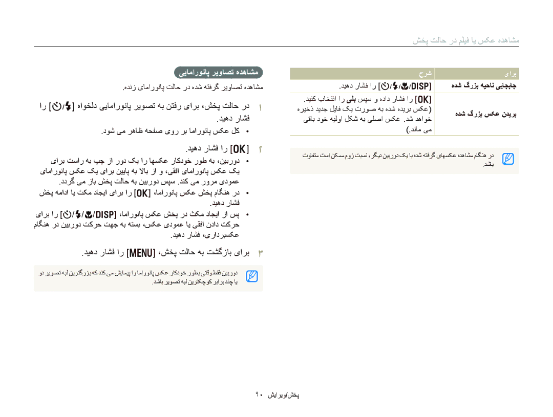 Samsung EC-DV300FDDUZA manual ﺍﺭ t/F ﻩﺍﻮﺨﻟﺩ ﯽﻳﺎﻣﺍﺭﻮﻧﺎﭘ ﺮﻳﻮﺼﺗ ﻪﺑ ﻦﺘﻓﺭ یﺍﺮﺑ ،ﺶﺨﭘ ﺖﻟﺎﺣ ﺭﺩ, ﺪﻴﻫﺩ ﺭﺎﺸﻓ, ﯽﻳﺎﻣﺍﺭﻮﻧﺎﭘ ﺮﻳﻭﺎﺼﺗ ﻩﺪﻫﺎﺸﻣ 