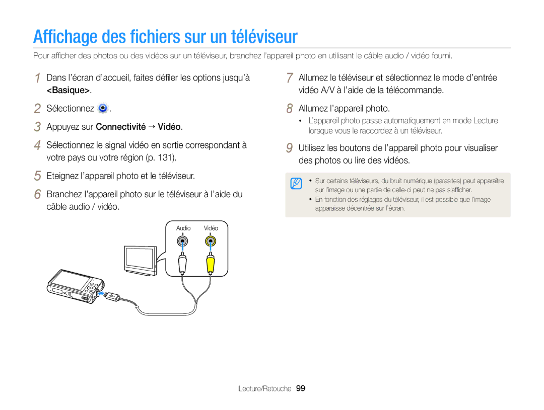 Samsung EC-DV300ZBPRE1, EC-DV300FBPLE1, EC-DV300FBPRE1, EC-DV300FBPBE1, EC-DV300ZBPBE1 Afﬁchage des ﬁchiers sur un téléviseur 