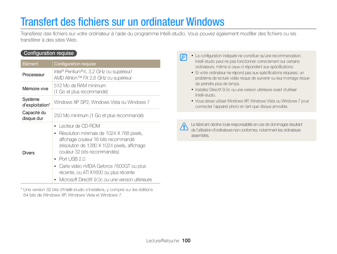 Samsung EC-DV300FBPLE1, EC-DV300ZBPRE1 Transfert des ﬁchiers sur un ordinateur Windows, Elément Conﬁguration requise 