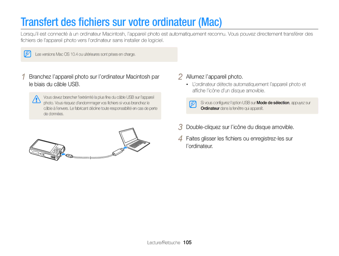 Samsung EC-DV300FBPLE1, EC-DV300ZBPRE1, EC-DV300FBPRE1, EC-DV300FBPBE1 manual Transfert des ﬁchiers sur votre ordinateur Mac 