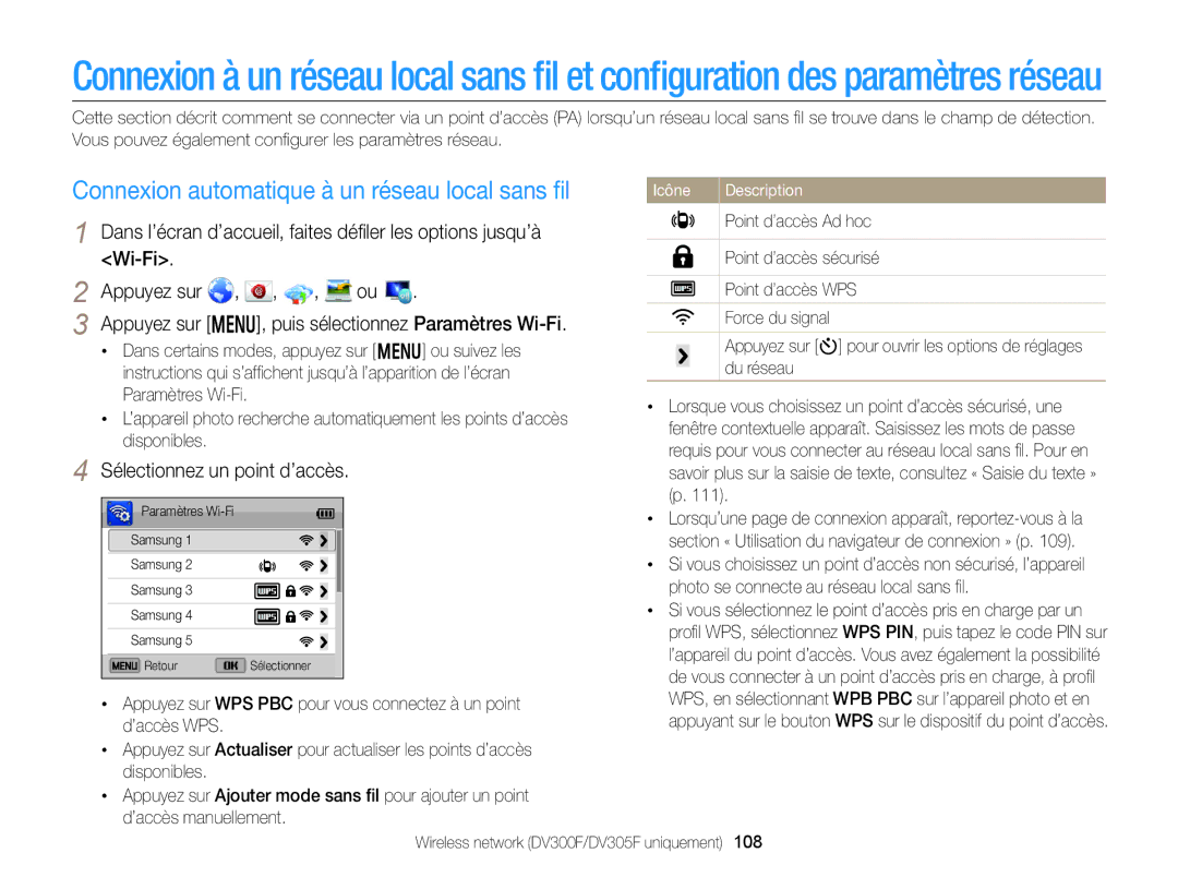 Samsung EC-DV300ZBPBE1 manual Connexion automatique à un réseau local sans ﬁl, Sélectionnez un point d’accès, Appuyez sur 