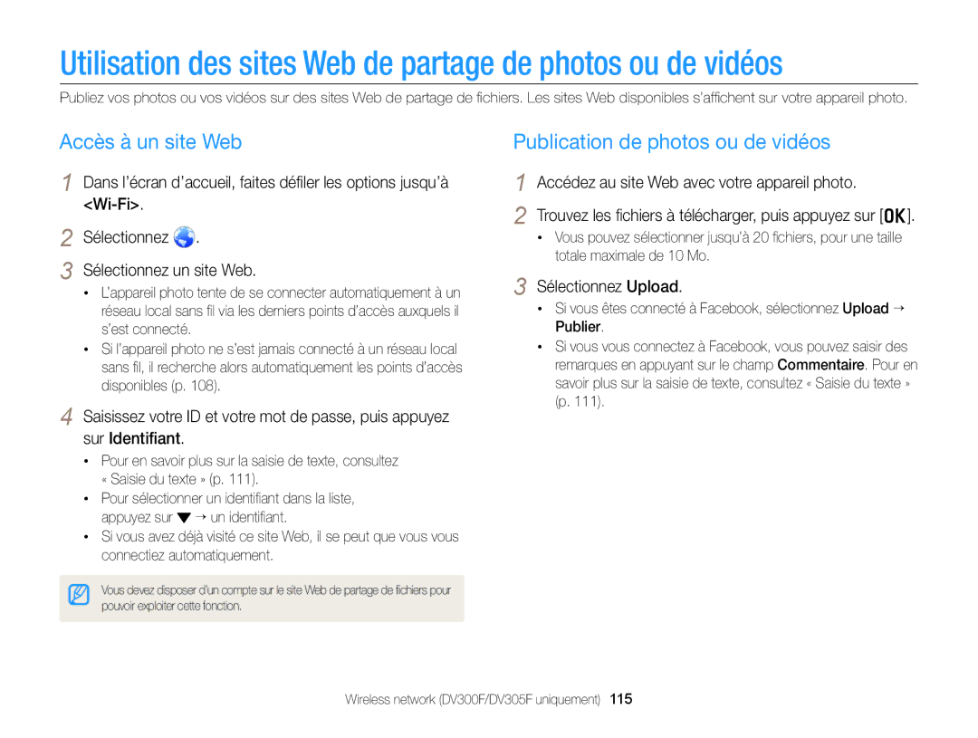 Samsung EC-DV300FBPLE1, EC-DV300ZBPRE1 Utilisation des sites Web de partage de photos ou de vidéos, Accès à un site Web 