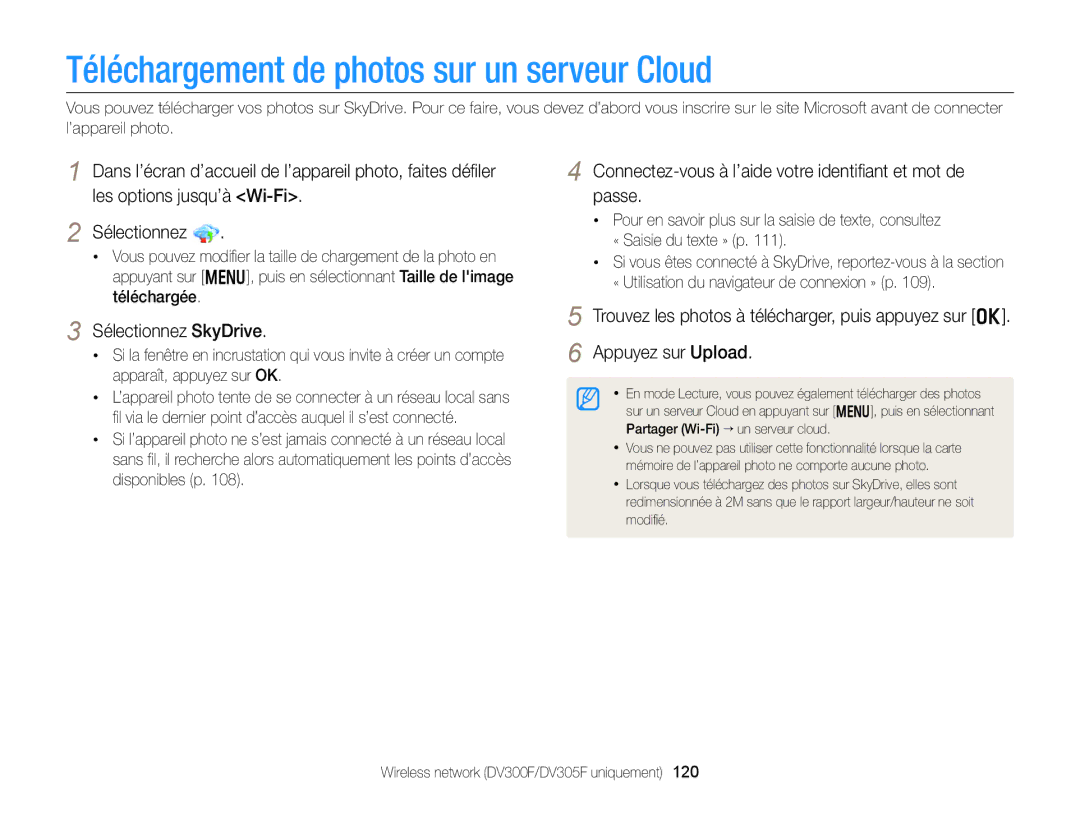 Samsung EC-DV300FBPLE1, EC-DV300ZBPRE1, EC-DV300FBPRE1 Téléchargement de photos sur un serveur Cloud, Sélectionnez SkyDrive 