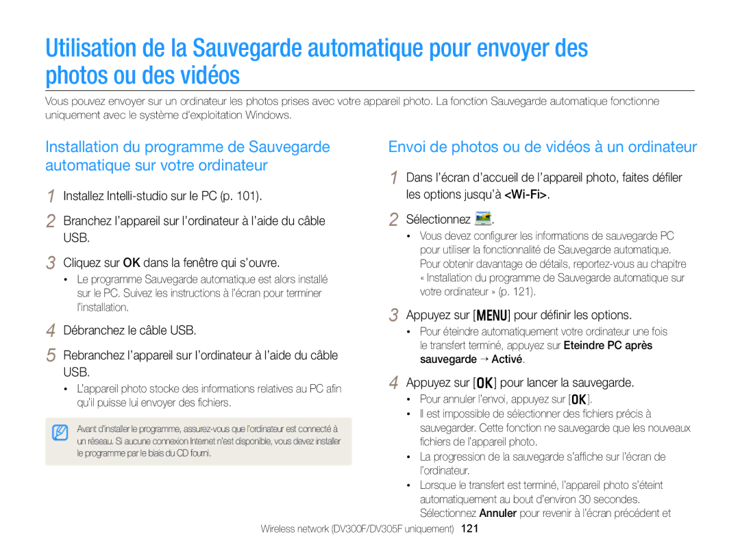 Samsung EC-DV300FBPRE1, EC-DV300ZBPRE1 Envoi de photos ou de vidéos à un ordinateur, Appuyez sur m pour déﬁnir les options 