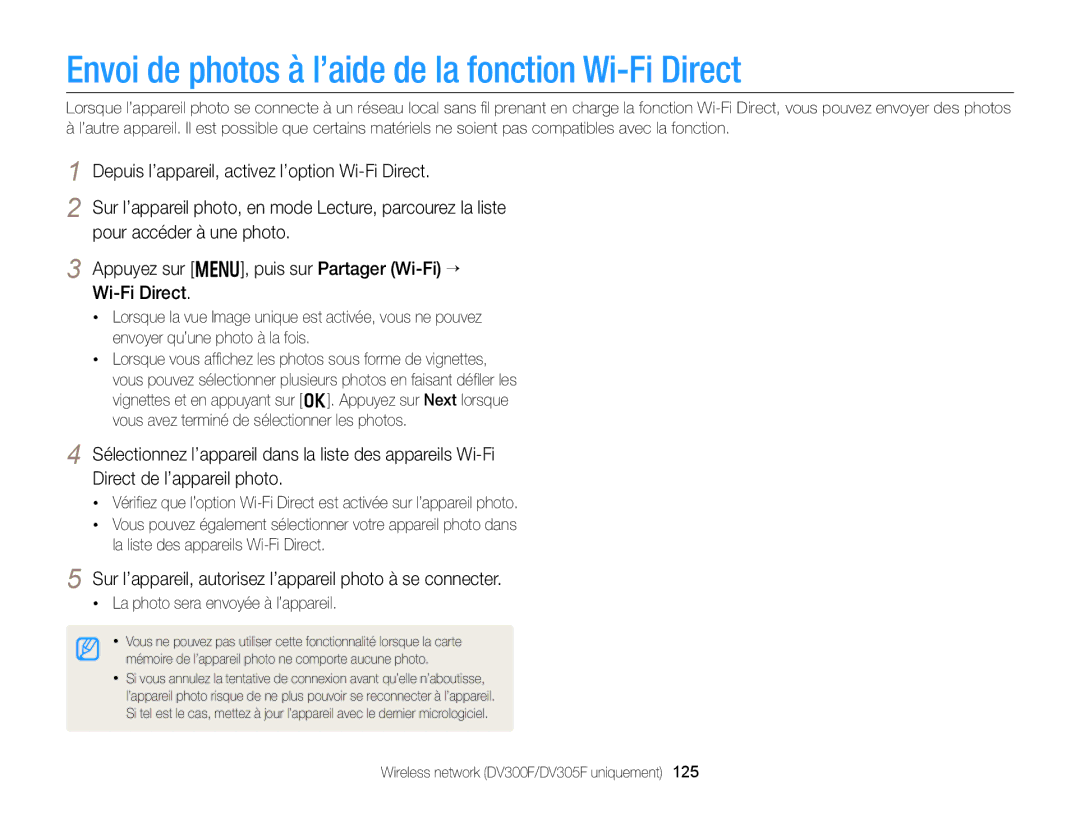 Samsung EC-DV300FBPLE1 manual Envoi de photos à l’aide de la fonction Wi-Fi Direct, La photo sera envoyée à l’appareil 