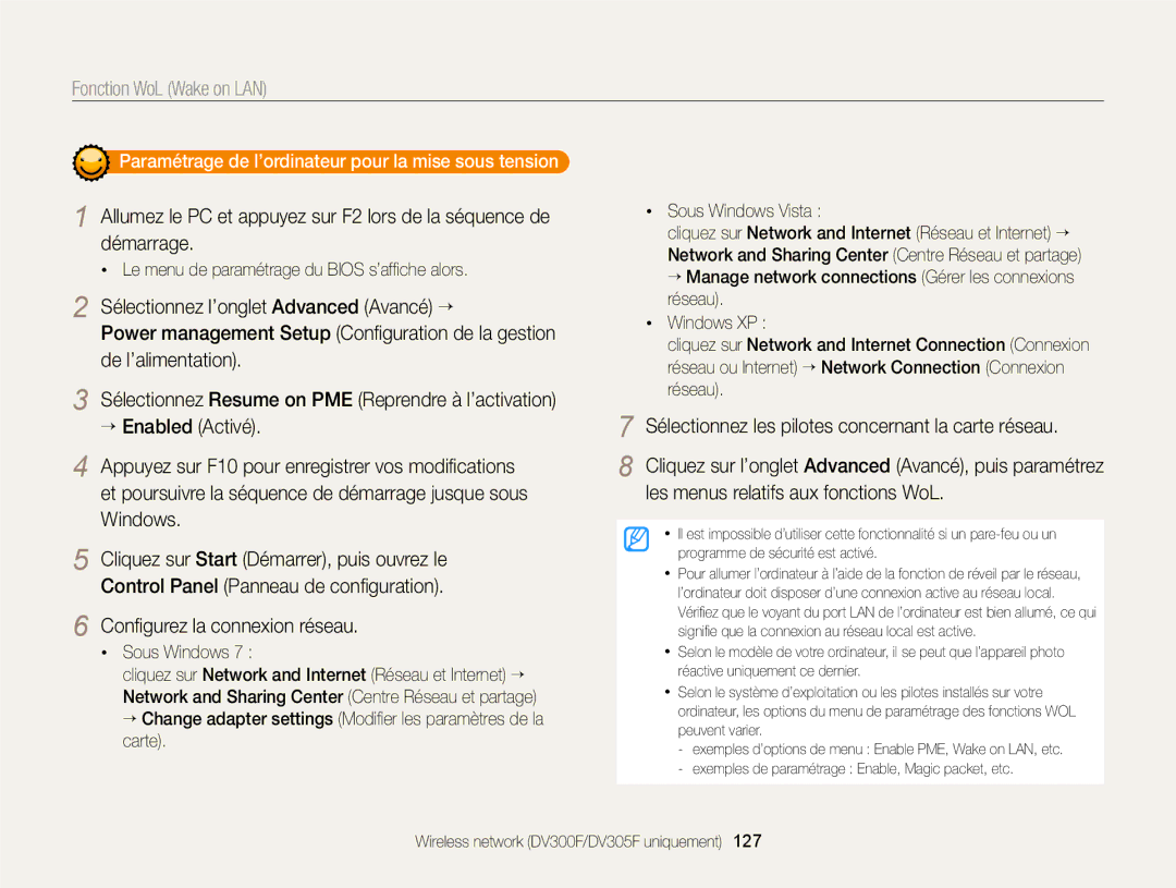 Samsung EC-DV300FBPBE1, EC-DV300ZBPRE1 Fonction WoL Wake on LAN, Paramétrage de l’ordinateur pour la mise sous tension 
