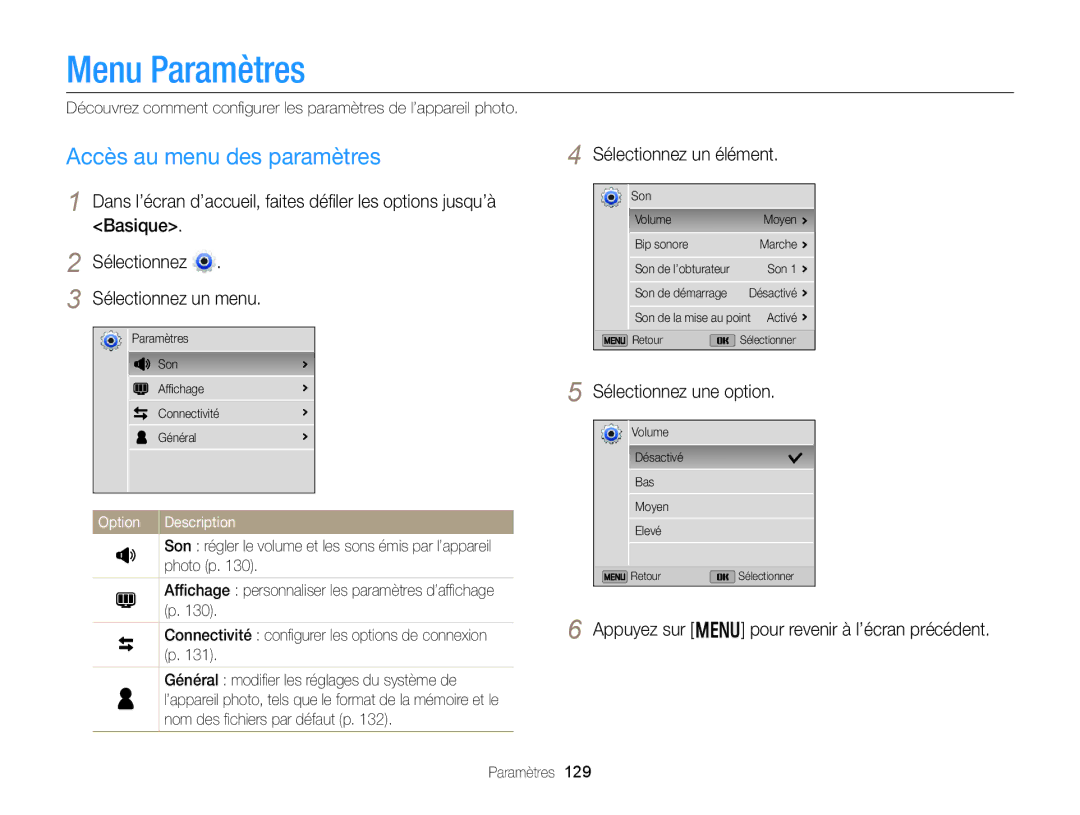 Samsung EC-DV300ZBPRE1, EC-DV300FBPLE1 manual Menu Paramètres, Accès au menu des paramètres, Sélectionnez un élément, Option 