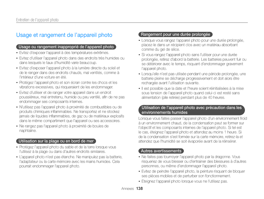 Samsung EC-DV300ZBPBE1, EC-DV300ZBPRE1 manual Usage et rangement de l’appareil photo, Entretien de l’appareil photo 
