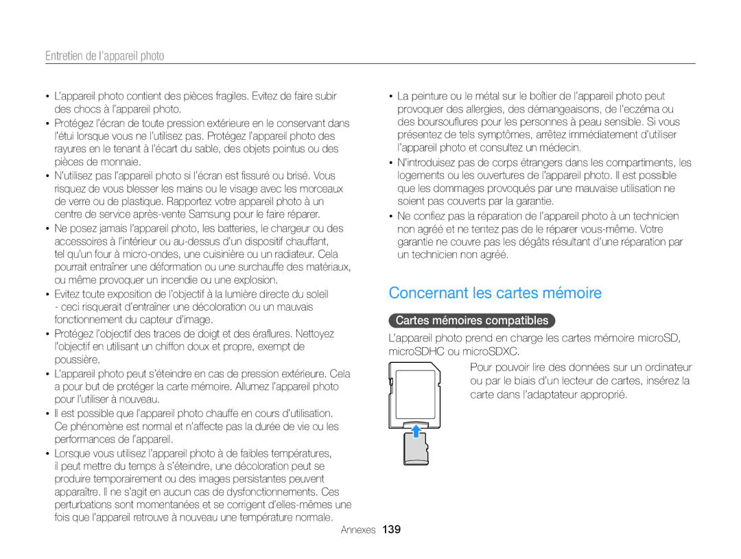 Samsung EC-DV300ZBPRE1, EC-DV300FBPLE1, EC-DV300FBPRE1 manual Concernant les cartes mémoire, Cartes mémoires compatibles, 139 