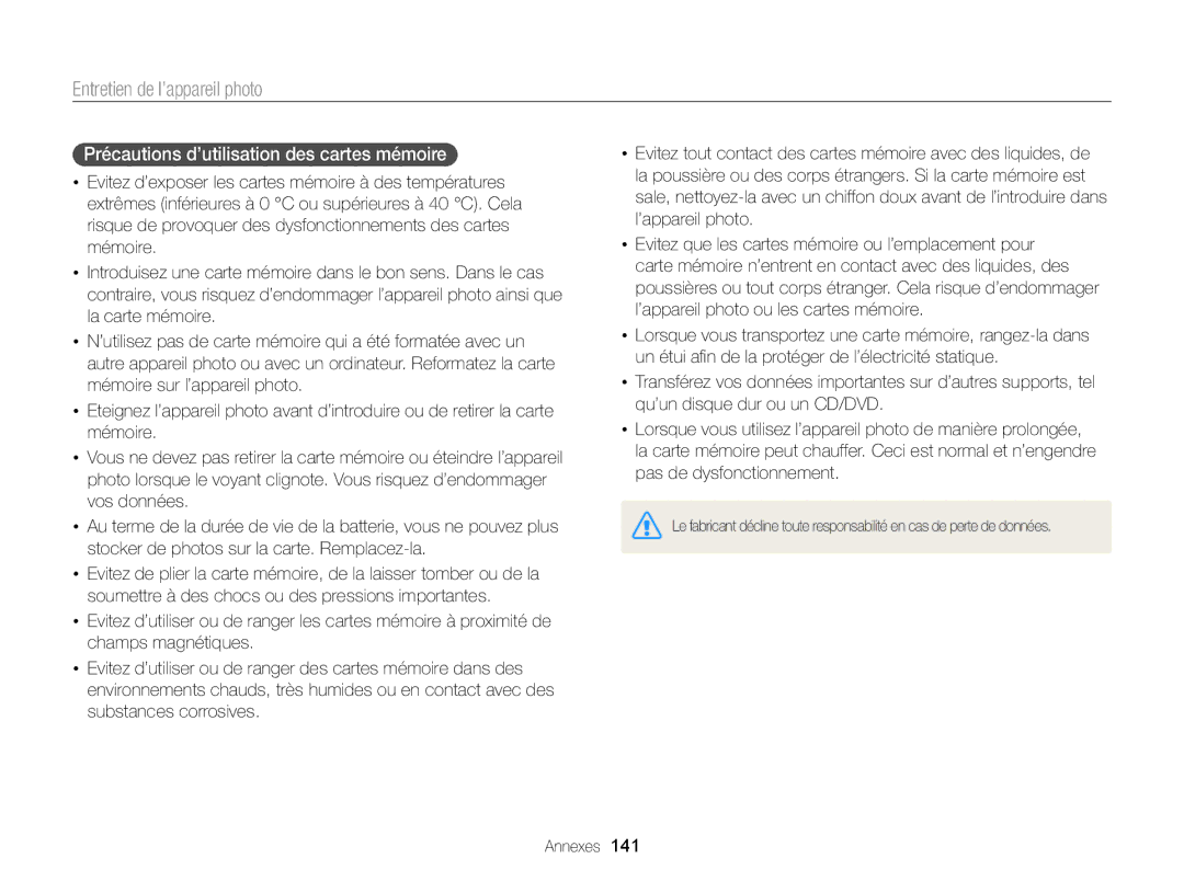 Samsung EC-DV300FBPRE1, EC-DV300ZBPRE1, EC-DV300FBPLE1, EC-DV300FBPBE1 manual Précautions d’utilisation des cartes mémoire 