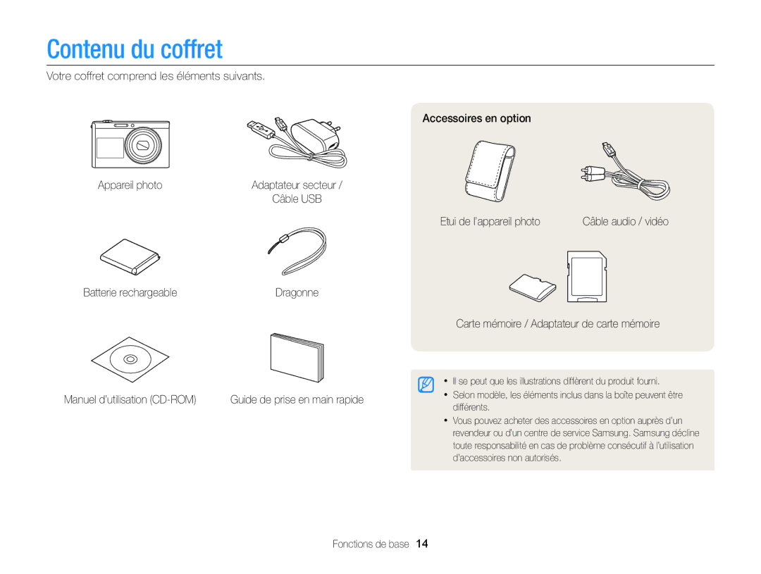 Samsung EC-DV300ZBPRE1, EC-DV300FBPLE1, EC-DV300FBPRE1, EC-DV300FBPBE1, EC-DV300ZBPBE1 manual Contenu du coffret 