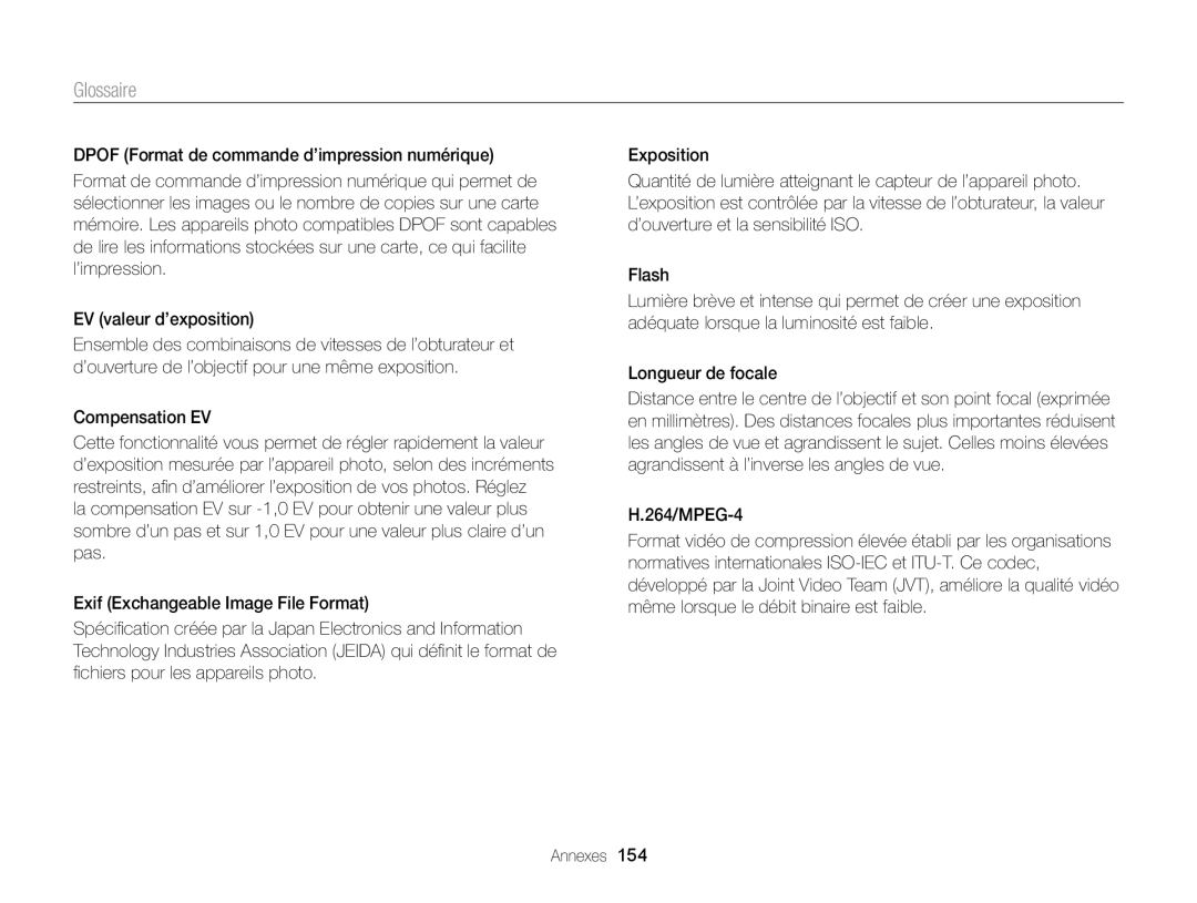 Samsung EC-DV300ZBPRE1, EC-DV300FBPLE1, EC-DV300FBPRE1, EC-DV300FBPBE1, EC-DV300ZBPBE1 manual Glossaire 