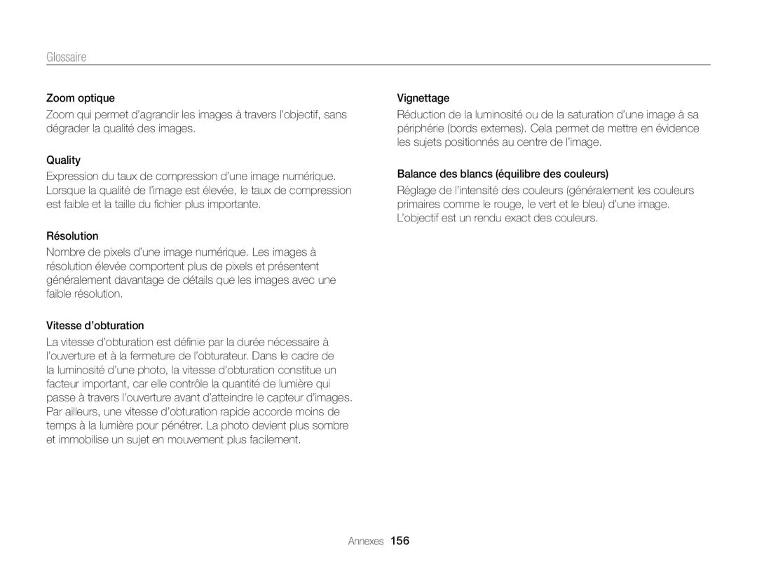 Samsung EC-DV300FBPRE1, EC-DV300ZBPRE1, EC-DV300FBPLE1, EC-DV300FBPBE1, EC-DV300ZBPBE1 manual Glossaire 