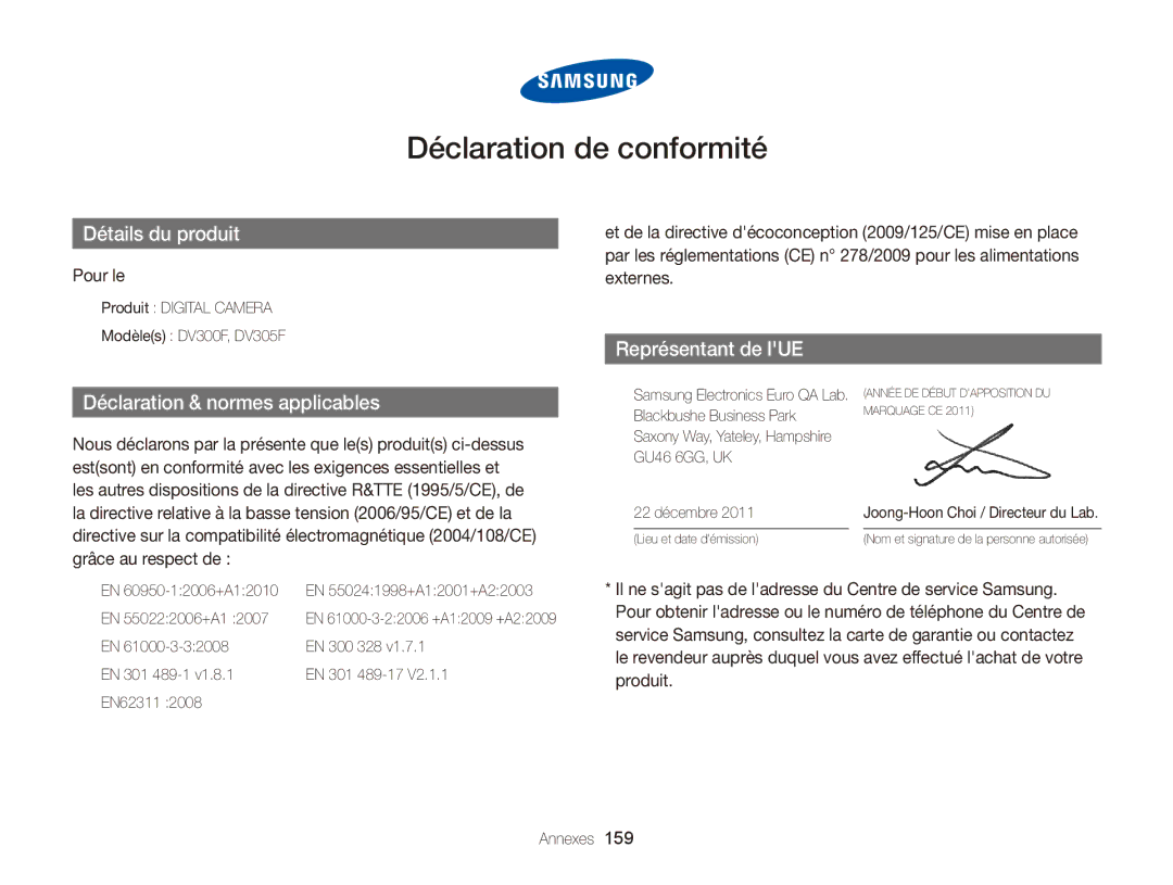 Samsung EC-DV300ZBPRE1, EC-DV300FBPLE1, EC-DV300FBPRE1, EC-DV300FBPBE1, EC-DV300ZBPBE1 Déclaration de conformité, Pour le 