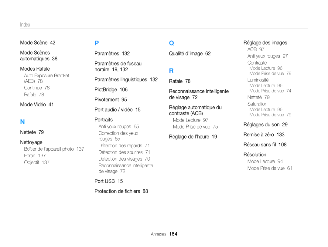 Samsung EC-DV300ZBPRE1 manual Auto Exposure Bracket AEB Continue 78 Rafale, Boîtier de l’appareil photo 137 Ecran Objectif 