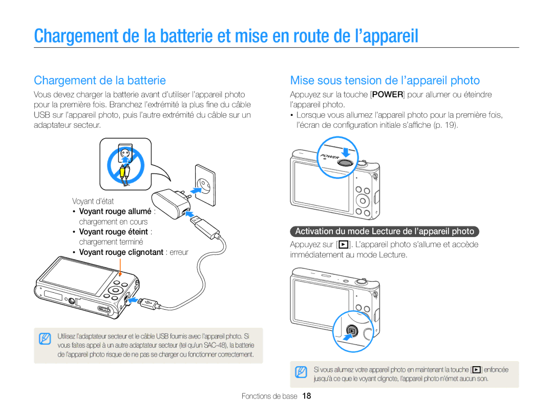 Samsung EC-DV300ZBPBE1 Chargement de la batterie et mise en route de l’appareil, Mise sous tension de l’appareil photo 