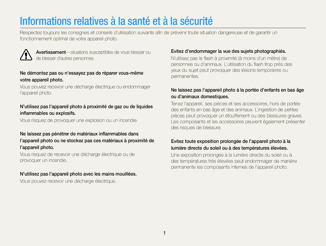 Samsung EC-DV300FBPRE1, EC-DV300ZBPRE1, EC-DV300FBPLE1, EC-DV300FBPBE1 Informations relatives à la santé et à la sécurité 