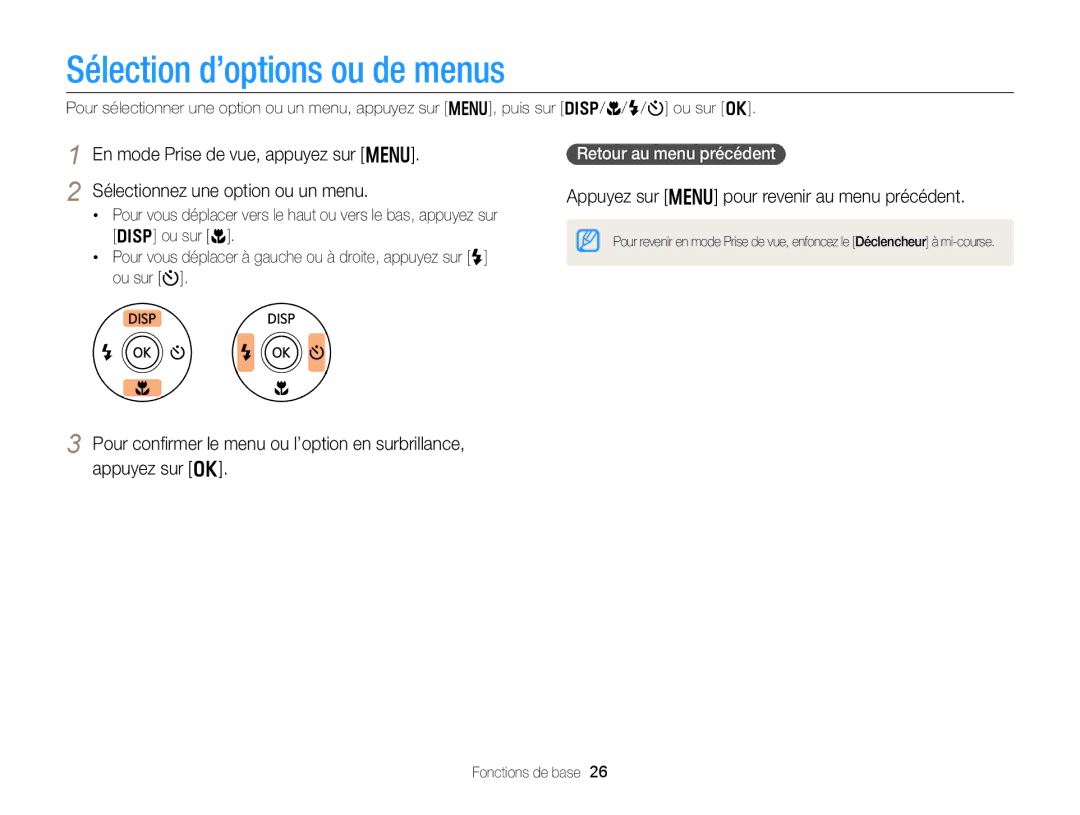 Samsung EC-DV300FBPRE1, EC-DV300ZBPRE1 manual Sélection d’options ou de menus, Appuyez sur m pour revenir au menu précédent 