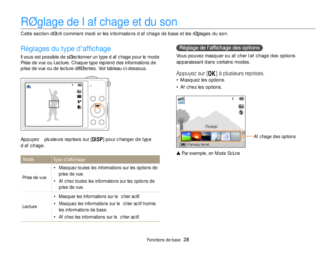 Samsung EC-DV300ZBPBE1 Réglage de l’afﬁchage et du son, Réglages du type d’afﬁchage, Appuyez sur o à plusieurs reprises 