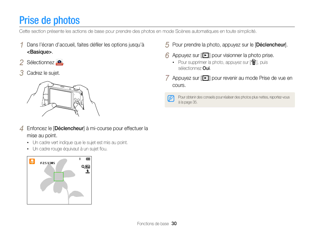 Samsung EC-DV300FBPLE1, EC-DV300ZBPRE1 manual Prise de photos, Appuyez sur P pour revenir au mode Prise de vue en cours 