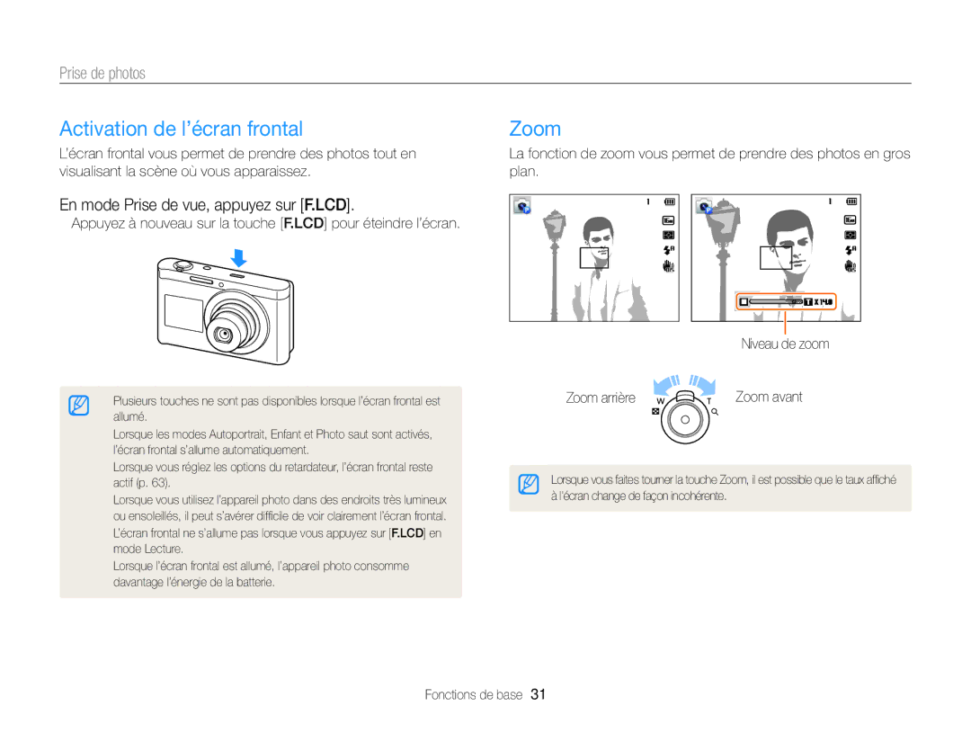 Samsung EC-DV300FBPRE1 manual Activation de l’écran frontal, Zoom, Prise de photos, En mode Prise de vue, appuyez sur F.LCD 