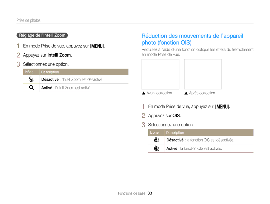 Samsung EC-DV300ZBPBE1 manual Réduction des mouvements de l’appareil photo fonction OIS, Réglage de l’Intelli Zoom 