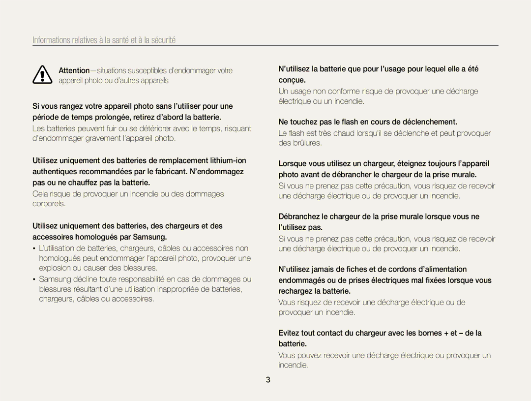Samsung EC-DV300ZBPBE1, EC-DV300ZBPRE1, EC-DV300FBPLE1, EC-DV300FBPRE1 Informations relatives à la santé et à la sécurité 
