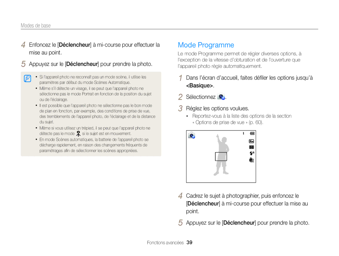 Samsung EC-DV300ZBPRE1, EC-DV300FBPLE1, EC-DV300FBPRE1, EC-DV300FBPBE1, EC-DV300ZBPBE1 manual Mode Programme, Modes de base 