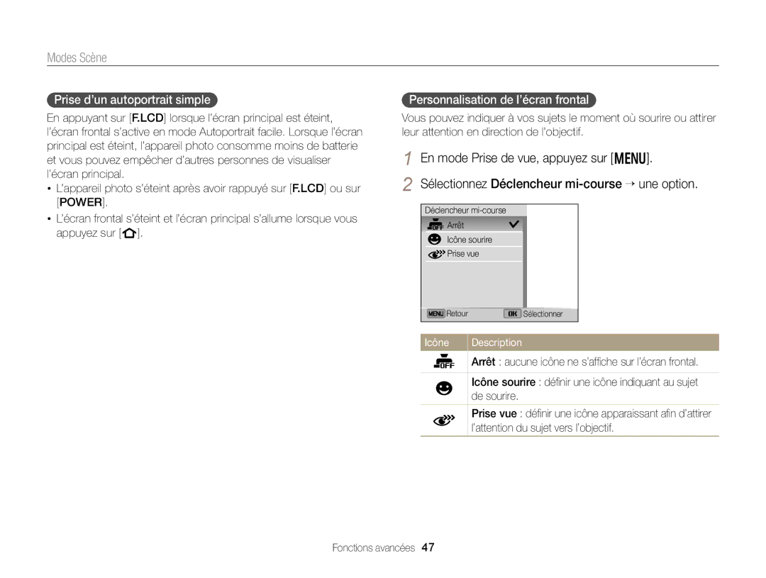 Samsung EC-DV300FBPBE1 manual En mode Prise de vue, appuyez sur m, Sélectionnez Déclencheur mi-course “ une option 