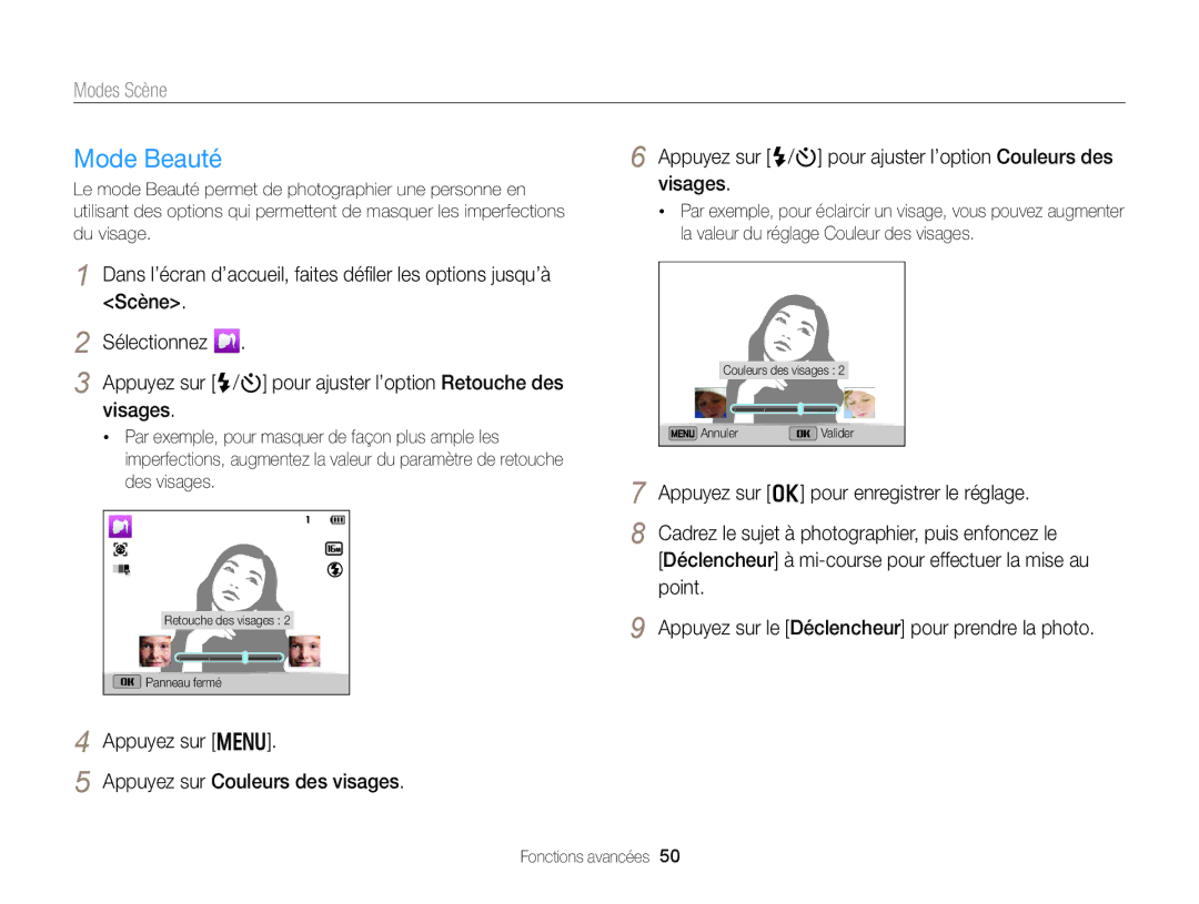 Samsung EC-DV300FBPLE1, EC-DV300ZBPRE1, EC-DV300FBPRE1 Mode Beauté, Point Appuyez sur le Déclencheur pour prendre la photo 