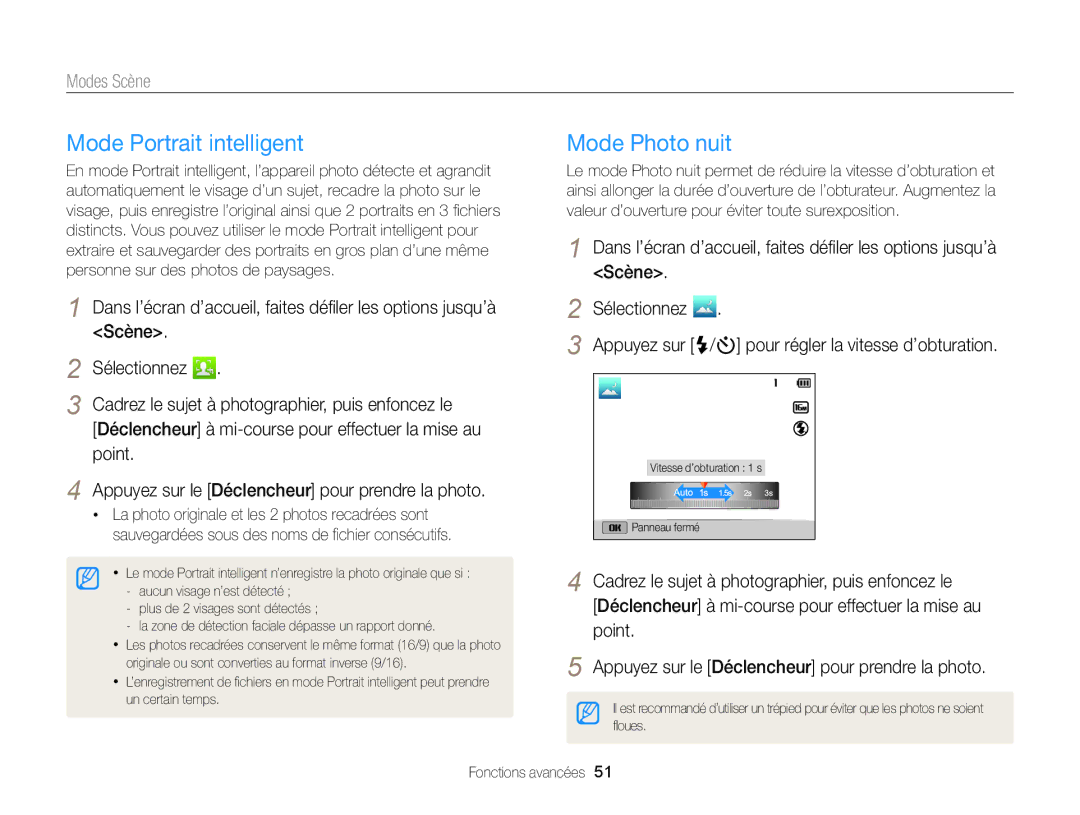 Samsung EC-DV300FBPRE1, EC-DV300ZBPRE1, EC-DV300FBPLE1, EC-DV300FBPBE1 manual Mode Portrait intelligent, Mode Photo nuit 