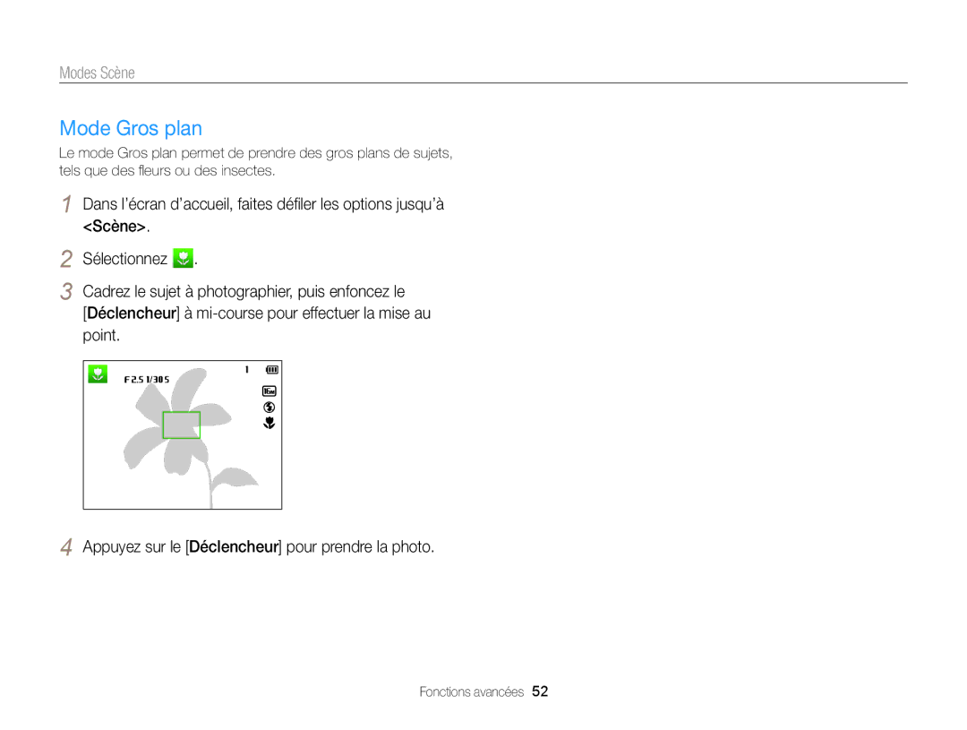 Samsung EC-DV300FBPBE1, EC-DV300ZBPRE1, EC-DV300FBPLE1, EC-DV300FBPRE1, EC-DV300ZBPBE1 manual Mode Gros plan 