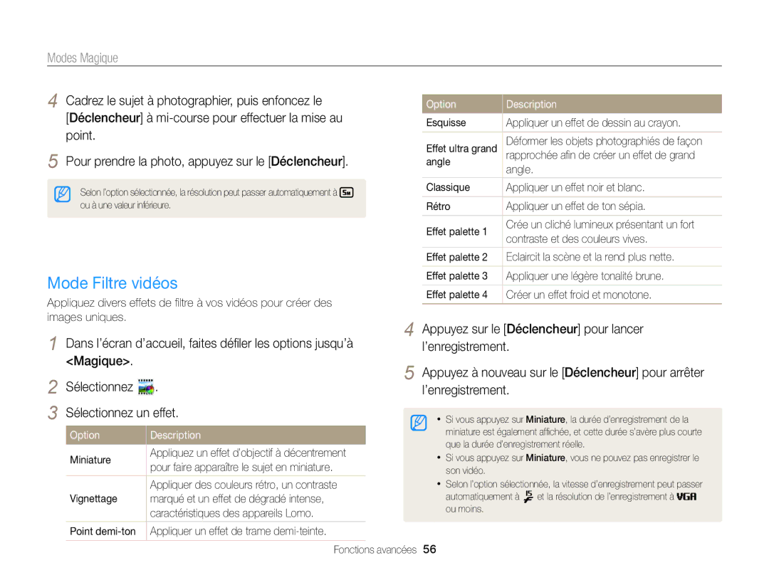 Samsung EC-DV300FBPRE1, EC-DV300ZBPRE1 manual Mode Filtre vidéos, Esquisse Appliquer un effet de dessin au crayon, Angle 