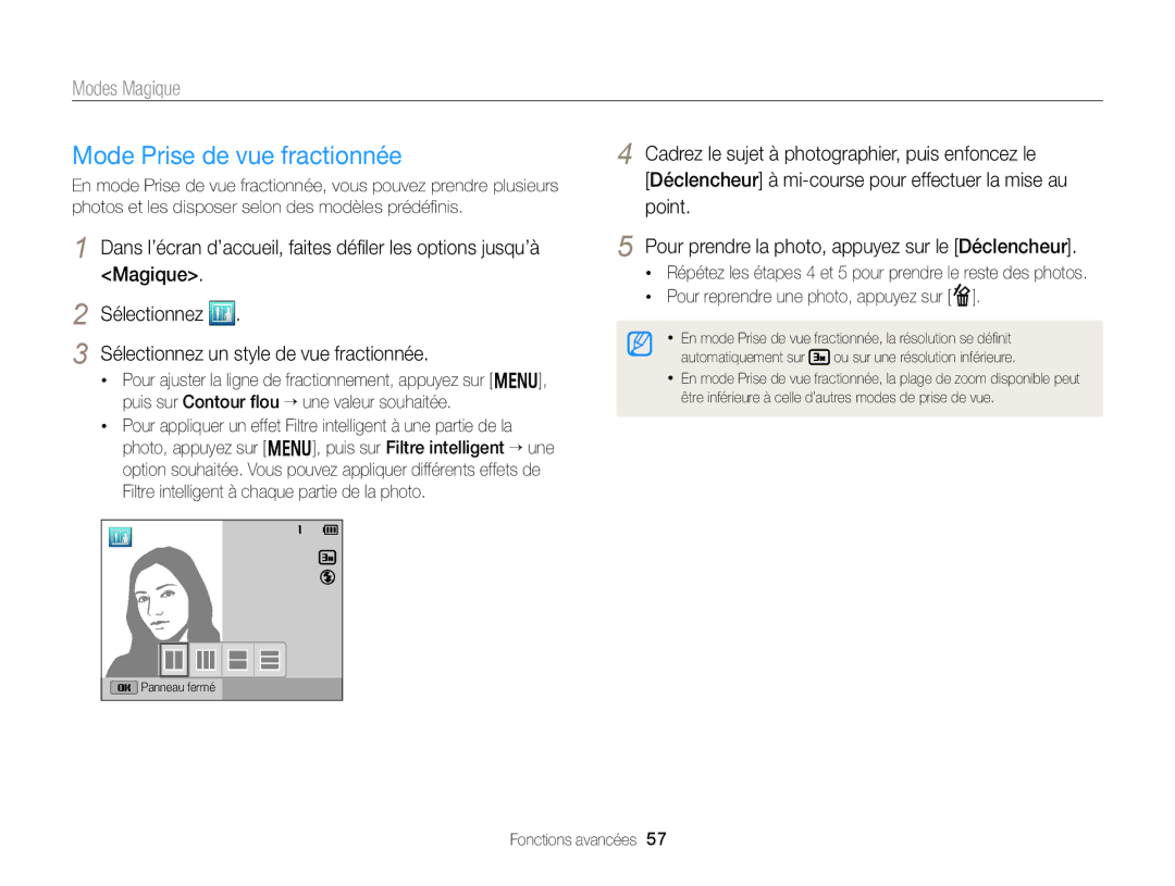 Samsung EC-DV300FBPBE1, EC-DV300ZBPRE1 manual Mode Prise de vue fractionnée, Pour reprendre une photo, appuyez sur f 