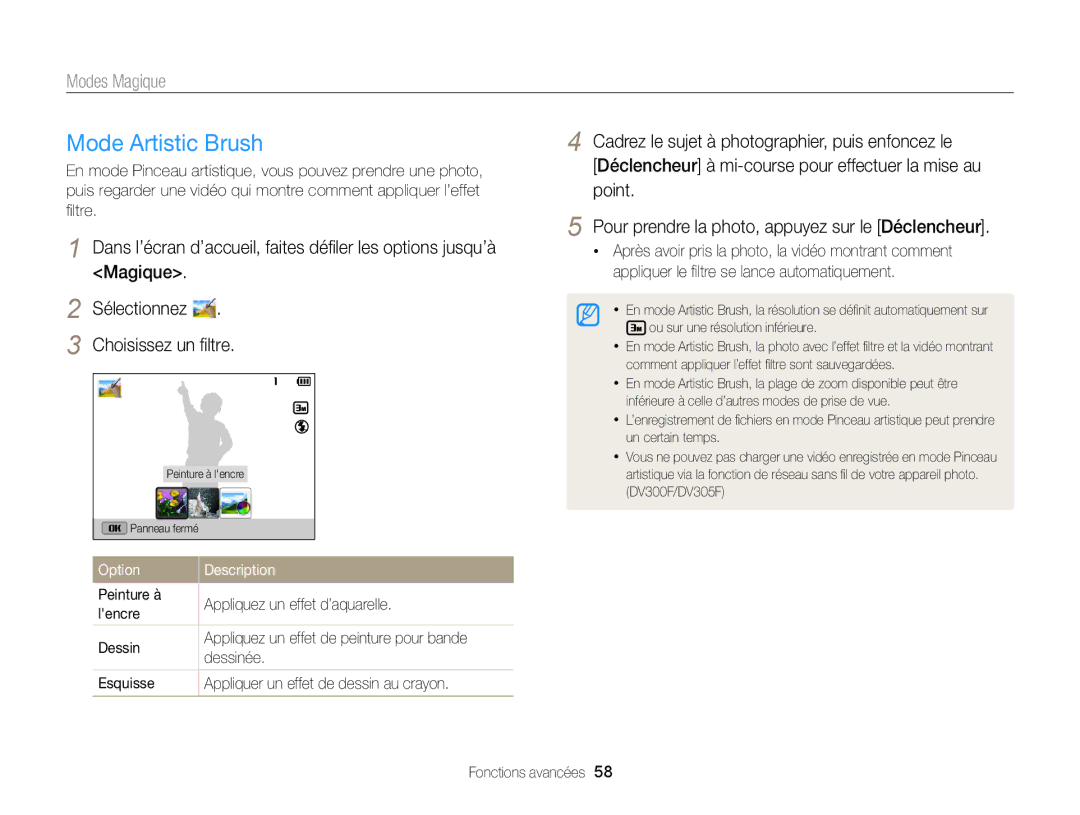 Samsung EC-DV300ZBPBE1, EC-DV300ZBPRE1, EC-DV300FBPLE1, EC-DV300FBPRE1 Mode Artistic Brush, OptionDescription, Peinture à 